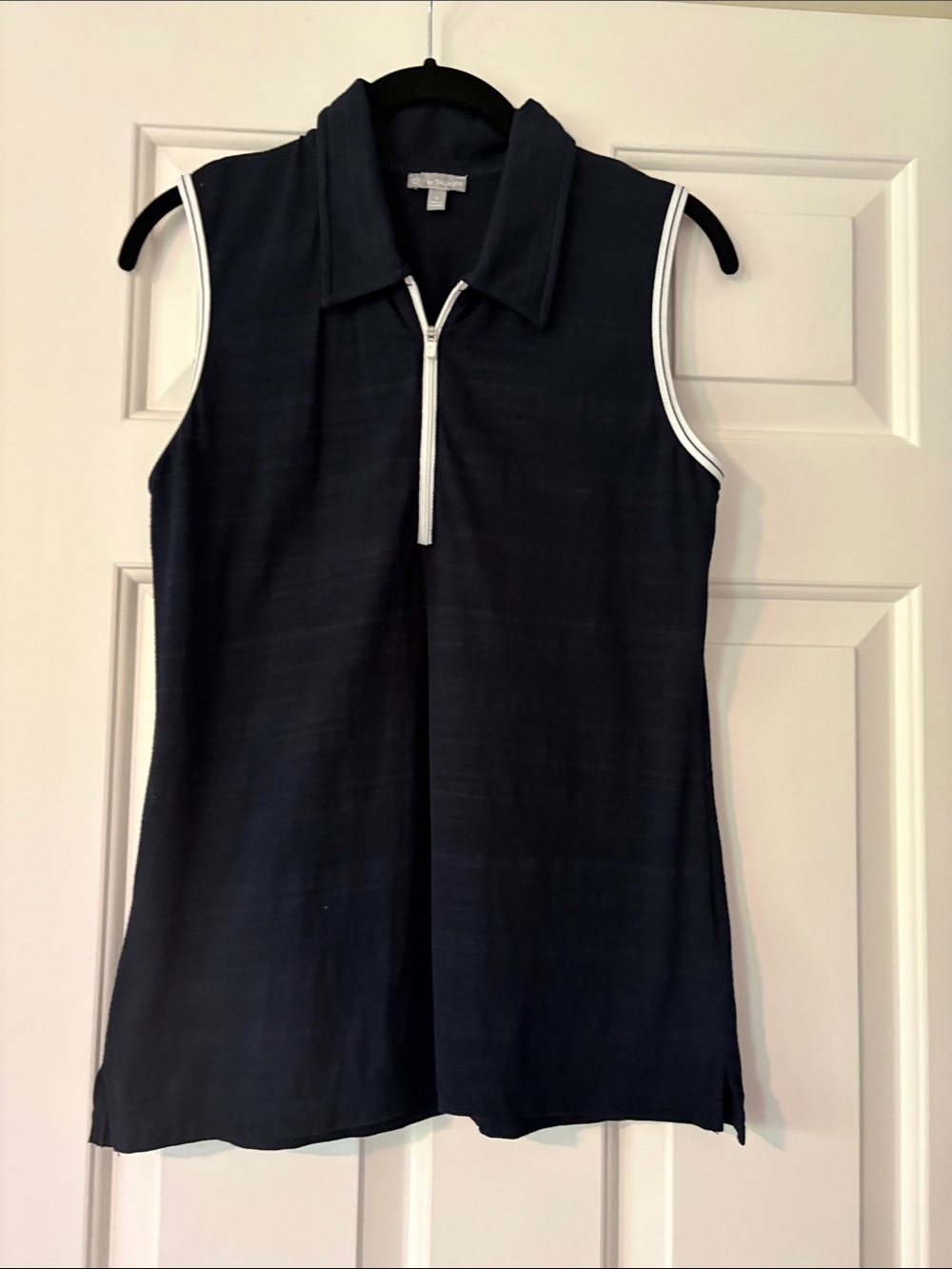 Talbots Navy Sleeveless Zip-Front Polo Top with White Trim